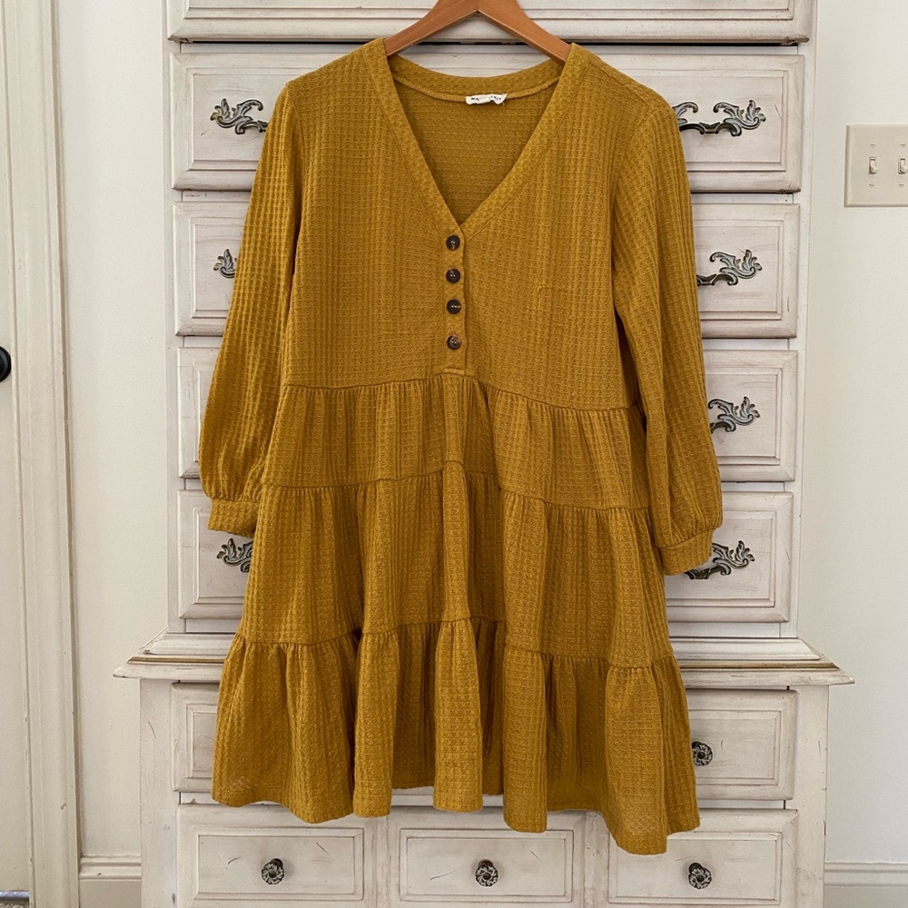 Vici Mustard Button-Down Tiered Dress